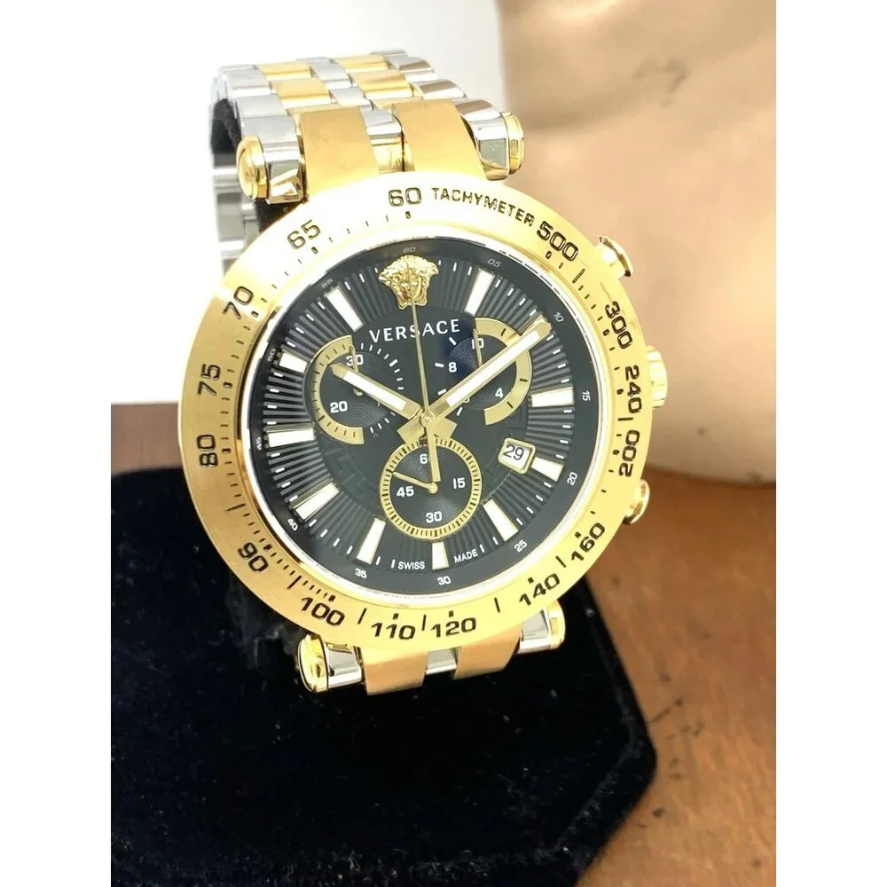 Versace Men's Watch VEJB00622 Swiss Quartz Chronograph Black Dial Two Tone Steel